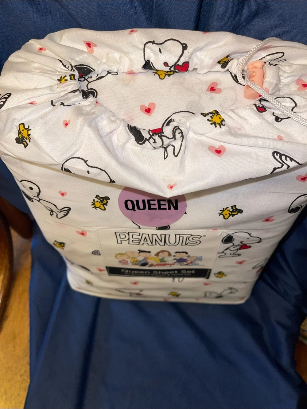 Peanuts Queen Sheet Set in White with Pink Hearts and Yellow Woodstock Accents